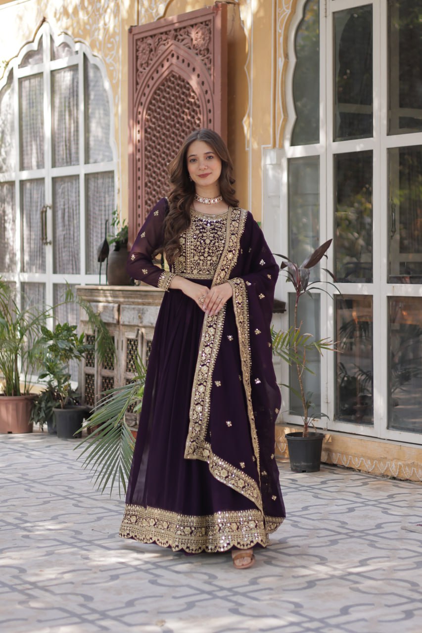 Women's Luxurious Plum Velvet Anarkali Gown with Heavy Gold Zari & Sequin Embroidery â Perfect for Weddings & Grand Festivities - Purple, XXL (44)