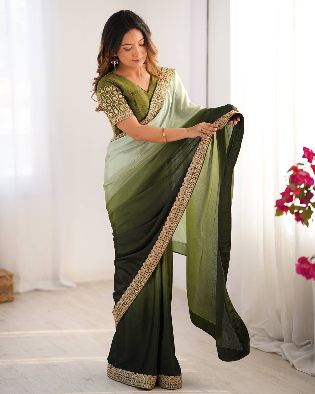 Women's Elegant Ombre Green Georgette Saree with Intricate Golden Zari & Stone Embellishments â Complete with Heavily Worked Blouse for Festive & Wedding Wear - Green Shades