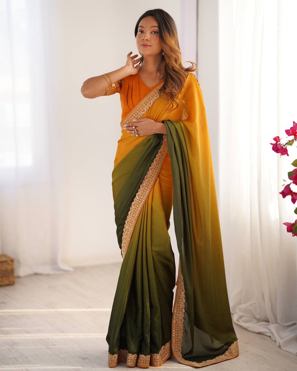 Women's Elegant Ombre Green Georgette Saree with Intricate Golden Zari & Stone Embellishments â Complete with Heavily Worked Blouse for Festive & Wedding Wear - Mustard Yellow and Olive Green
