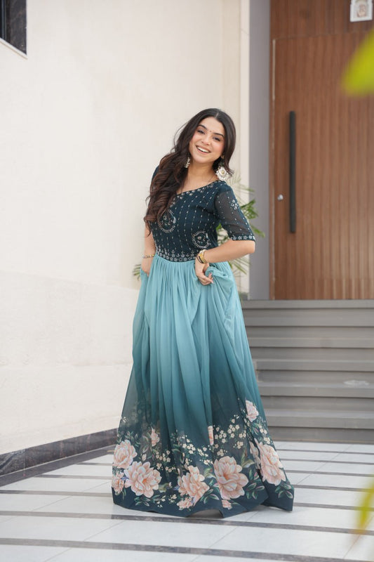 Women's Elegant Teal & Aqua Ombre Gown with Floral Printed Flair & Embellished Bodice â Perfect for Summer Festivities & Parties - Aqua/Light Blue, L (40)