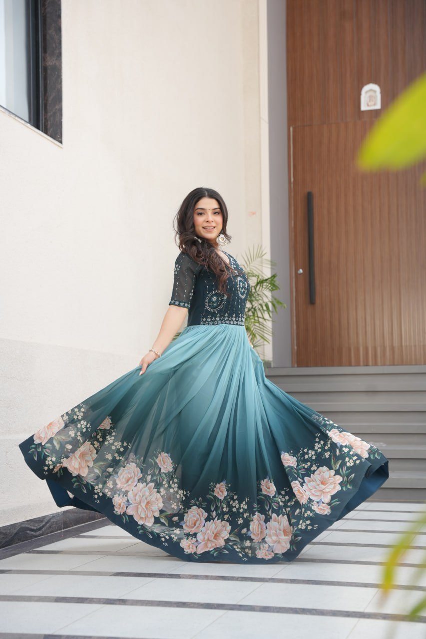 Women's Elegant Teal & Aqua Ombre Gown with Floral Printed Flair & Embellished Bodice â Perfect for Summer Festivities & Parties - Aqua/Light Blue, M (38)