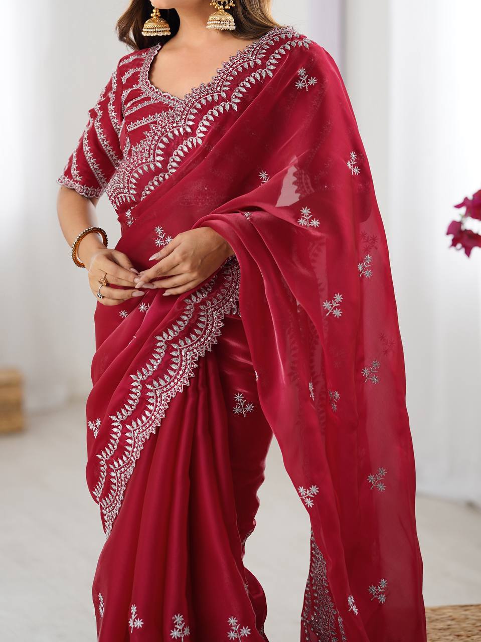 Women's Elegant Regal Purple Georgette Saree with Intricate Silver Thread & Sequin Embroidery â Complete with Embellished Blouse Piece for Festive & Party Wear - Red