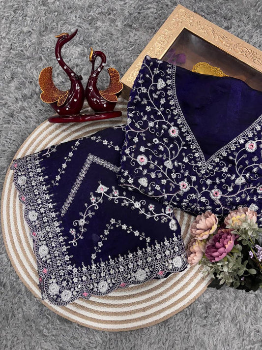 Royal Blue Embroidered Blouse Piece with Intricate Mirror, Sequin & Floral Threadwork â Ready-to-Stitch Fabric for Sarees & Festive Ethnic Wear - Navy Blue