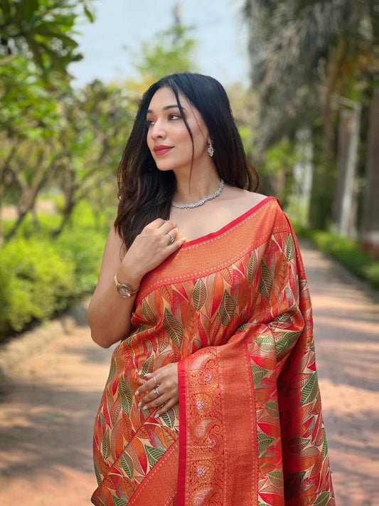 Women's Luxurious Pista Green & Pink Art Silk Saree with Intricate Leaf Weave & Broad Zari Border â Ideal for Festive & Wedding Occasions - Red/Orange