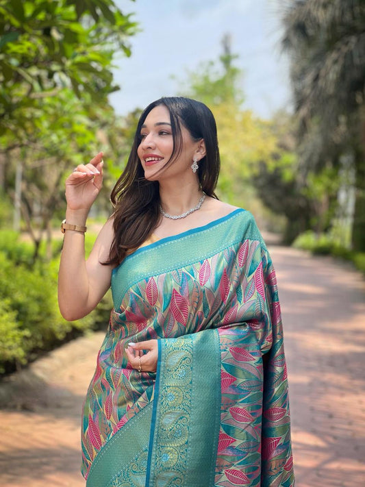 Women's Luxurious Pista Green & Pink Art Silk Saree with Intricate Leaf Weave & Broad Zari Border â Ideal for Festive & Wedding Occasions - Teal/Aqua