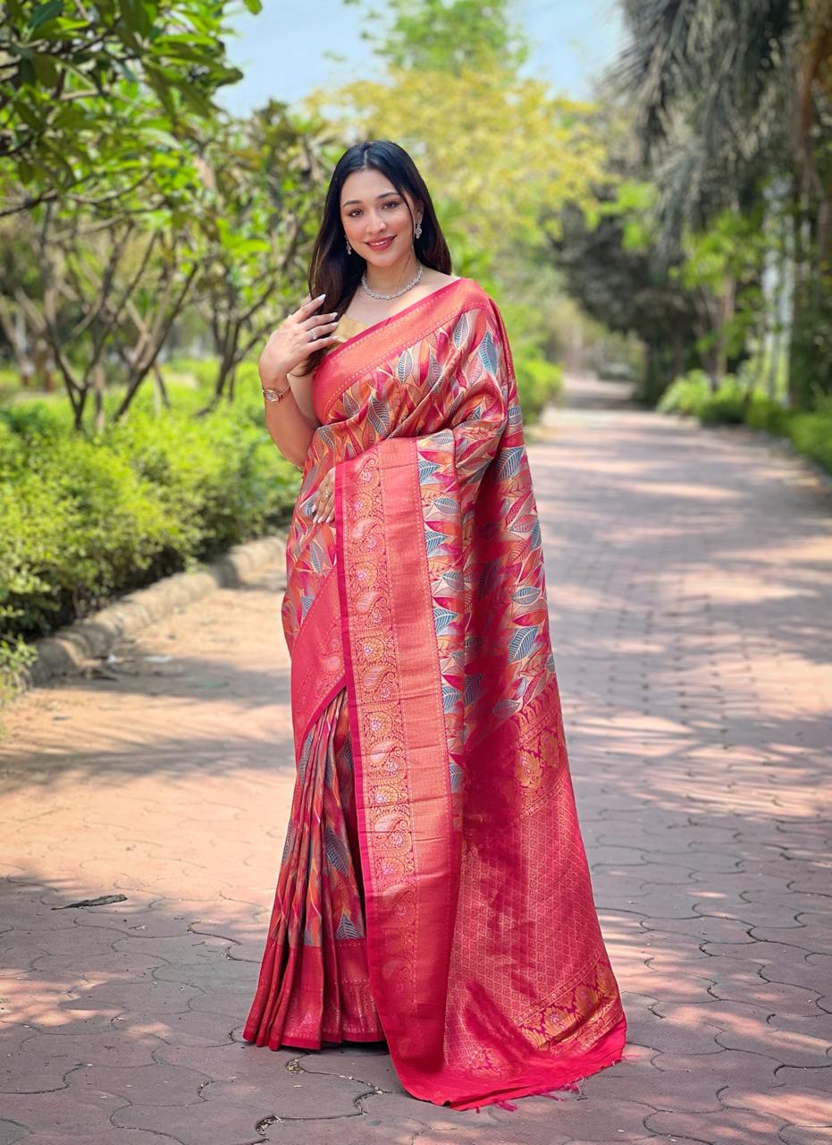Women's Luxurious Pista Green & Pink Art Silk Saree with Intricate Leaf Weave & Broad Zari Border â Ideal for Festive & Wedding Occasions