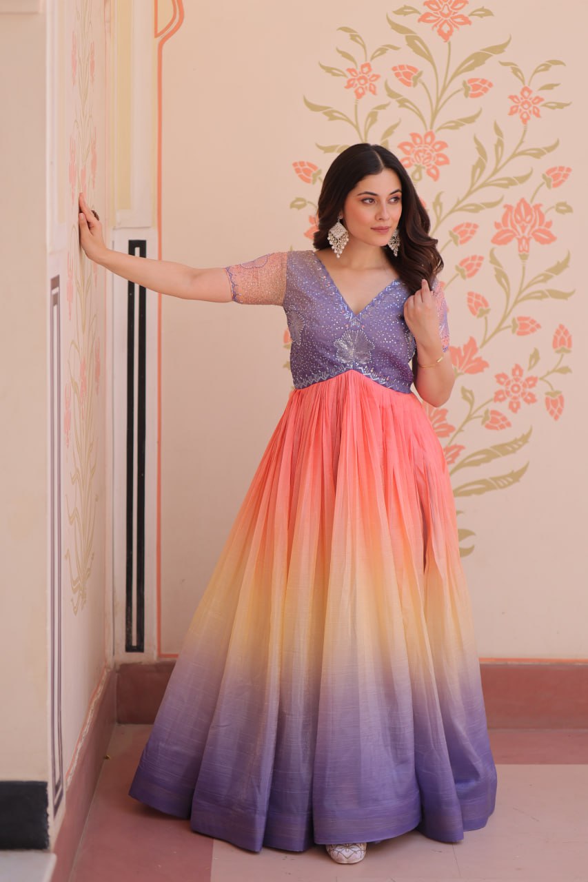 Women's Dual-Tone Ombre Gown in Candy Pink & Aqua Green with Embroidered Bodice â Festive & Contemporary Wear - Lavender/Light Purple, L (40)