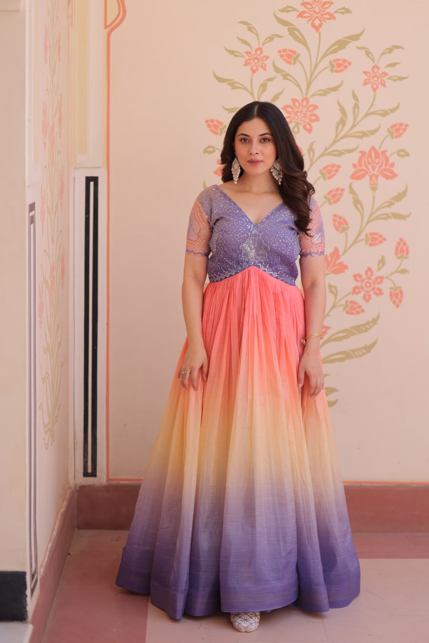 Women's Dual-Tone Ombre Gown in Candy Pink & Aqua Green with Embroidered Bodice â Festive & Contemporary Wear - Lavender/Light Purple, XL (42)