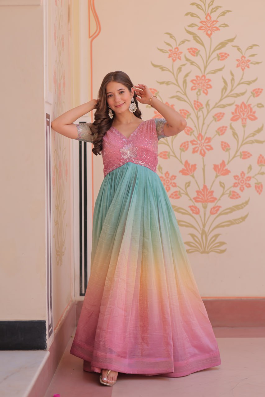 Women's Dual-Tone Ombre Gown in Candy Pink & Aqua Green with Embroidered Bodice â Festive & Contemporary Wear - Light And Aqua, XL (42)