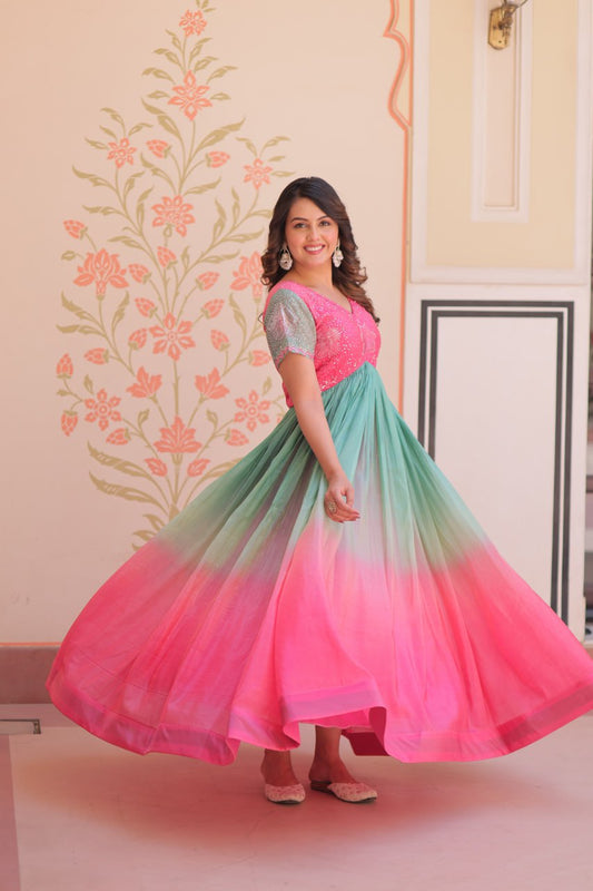 Women's Dual-Tone Ombre Gown in Candy Pink & Aqua Green with Embroidered Bodice â Festive & Contemporary Wear