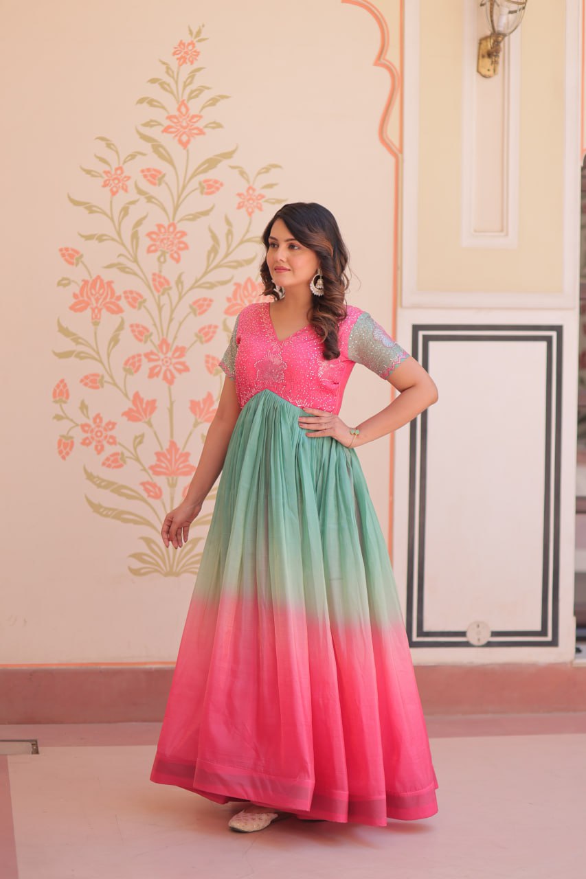Women's Dual-Tone Ombre Gown in Candy Pink & Aqua Green with Embroidered Bodice â Festive & Contemporary Wear - Pink And Teal/Mint Green, XL (42)