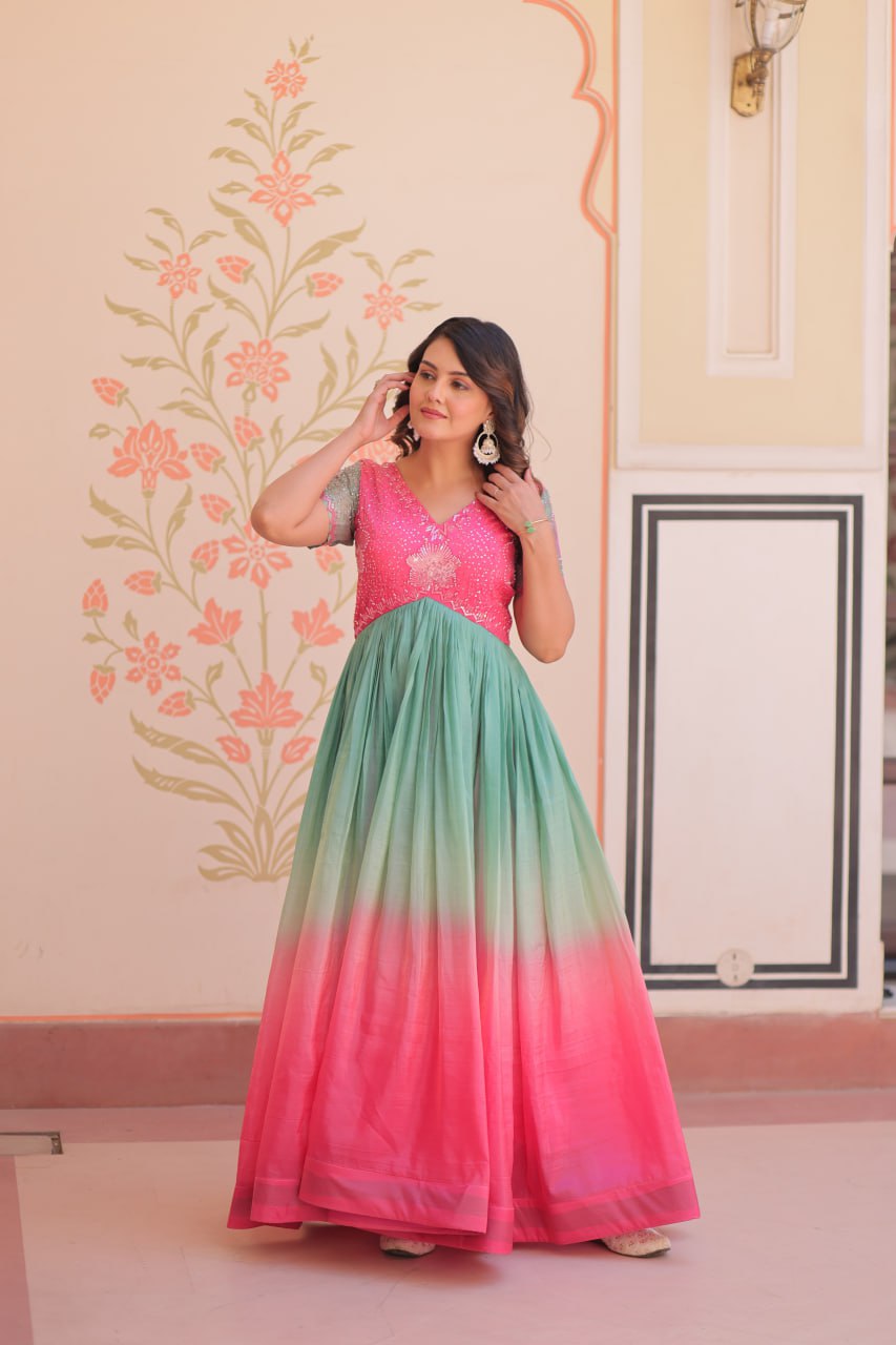 Women's Dual-Tone Ombre Gown in Candy Pink & Aqua Green with Embroidered Bodice â Festive & Contemporary Wear - Pink And Teal/Mint Green, M (38)