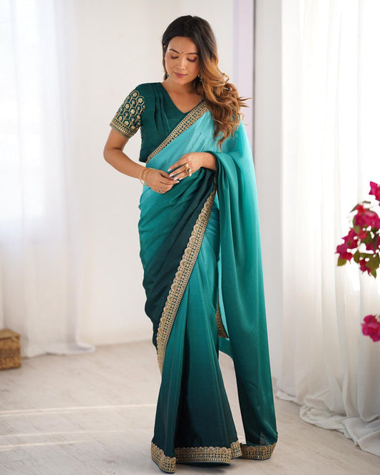 Women's Elegant Ombre Green Georgette Saree with Intricate Golden Zari & Stone Embellishments â Complete with Heavily Worked Blouse for Festive & Wedding Wear