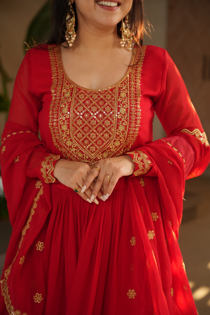 Women's Radiant Red Anarkali Suit Set with Golden Zari & Sequin Embroidery â Perfect for Festive & Wedding Occasions - Red, M (38)