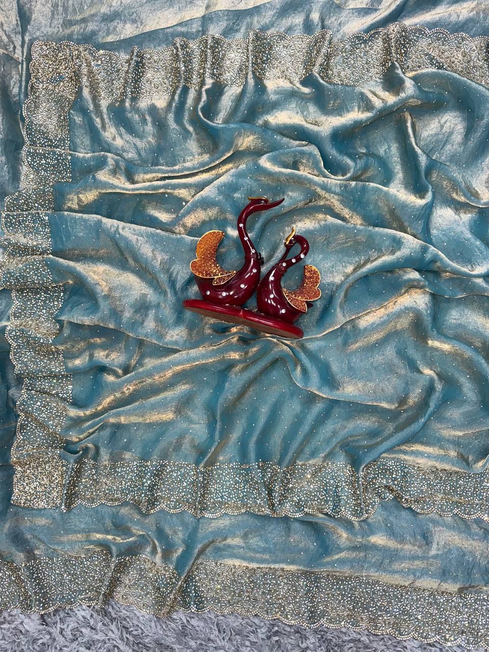 Women's Shimmering Ice Blue Georgette Saree with All-Over Diamond & Sequin Embellishments â Complete with Heavily Worked Border for Festive & Wedding Wear - Light Blue/Sky Blue.