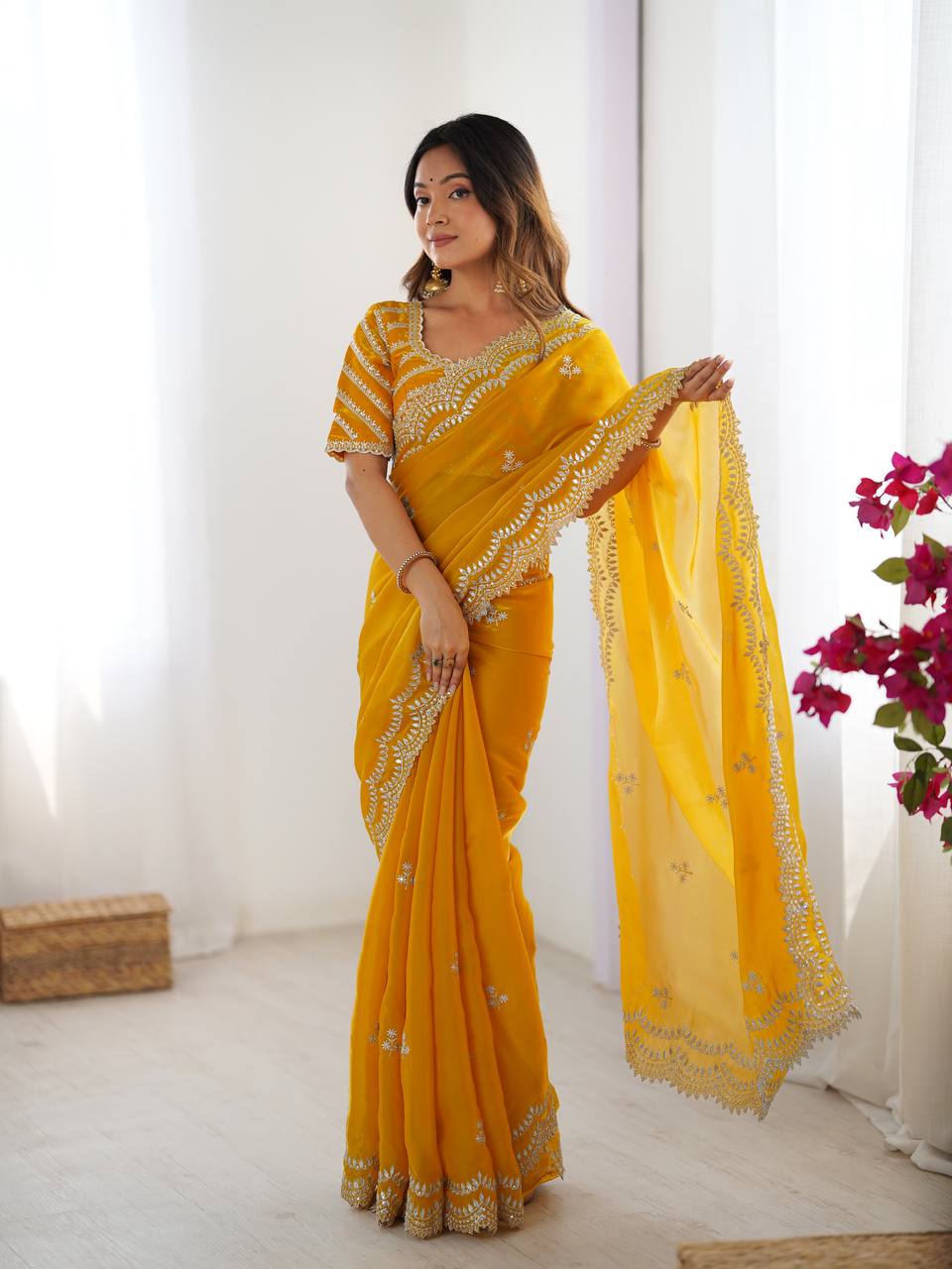 Women's Elegant Regal Purple Georgette Saree with Intricate Silver Thread & Sequin Embroidery â Complete with Embellished Blouse Piece for Festive & Party Wear - Yellow
