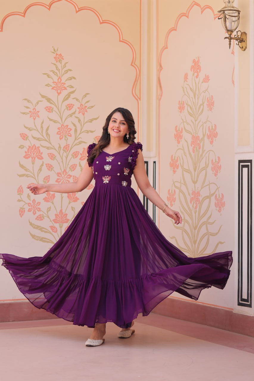 Women's Elegant Plum Purple Georgette Anarkali Gown with Butterfly Applique & Ruffle Sleeves â Festive & Special Occasion Wear