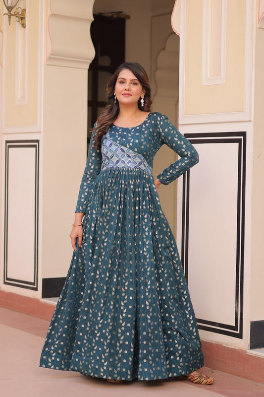 Women's Festive Berry Purple Printed Anarkali Gown with Intricate Zari Work & Embellished Yoke â Perfect for Traditional & Celebration Wear - Bluish-Green, XXL (44)