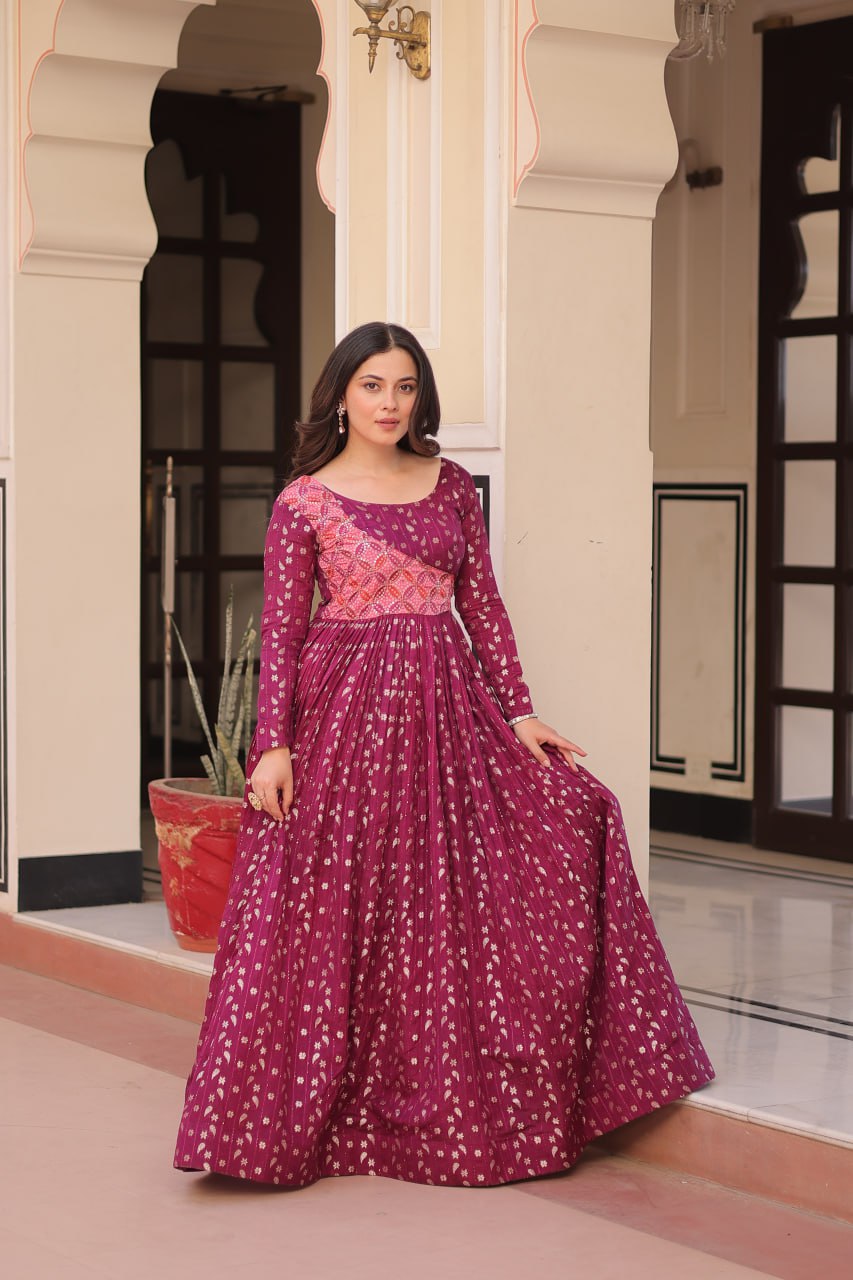 Women's Festive Berry Purple Printed Anarkali Gown with Intricate Zari Work & Embellished Yoke â Perfect for Traditional & Celebration Wear - Deep Magenta, L (40)