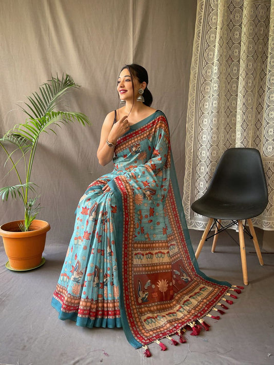 Women's Artistic Terracotta Orange Linen Saree with Kalamkari Inspired Print & Tassel Detailing â Perfect for Casual Festivities & Cultural Events - Teal Blue