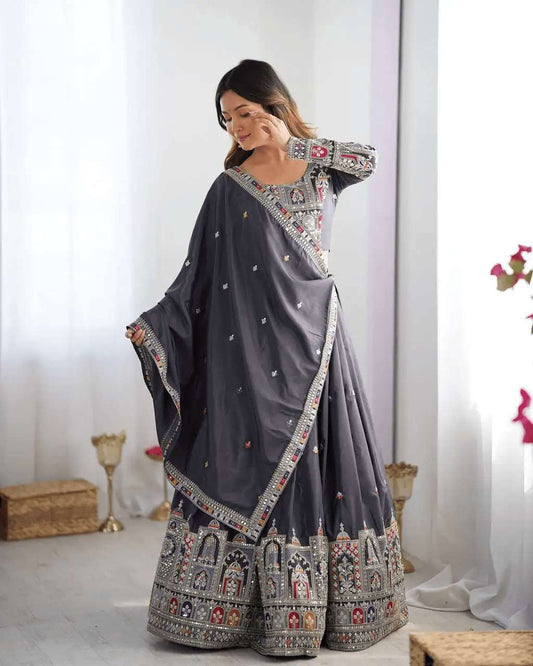 Women's Crepe Silk Sequence Embroidery and Zari Work Rajsthani Lehenga Choli with Dupatta