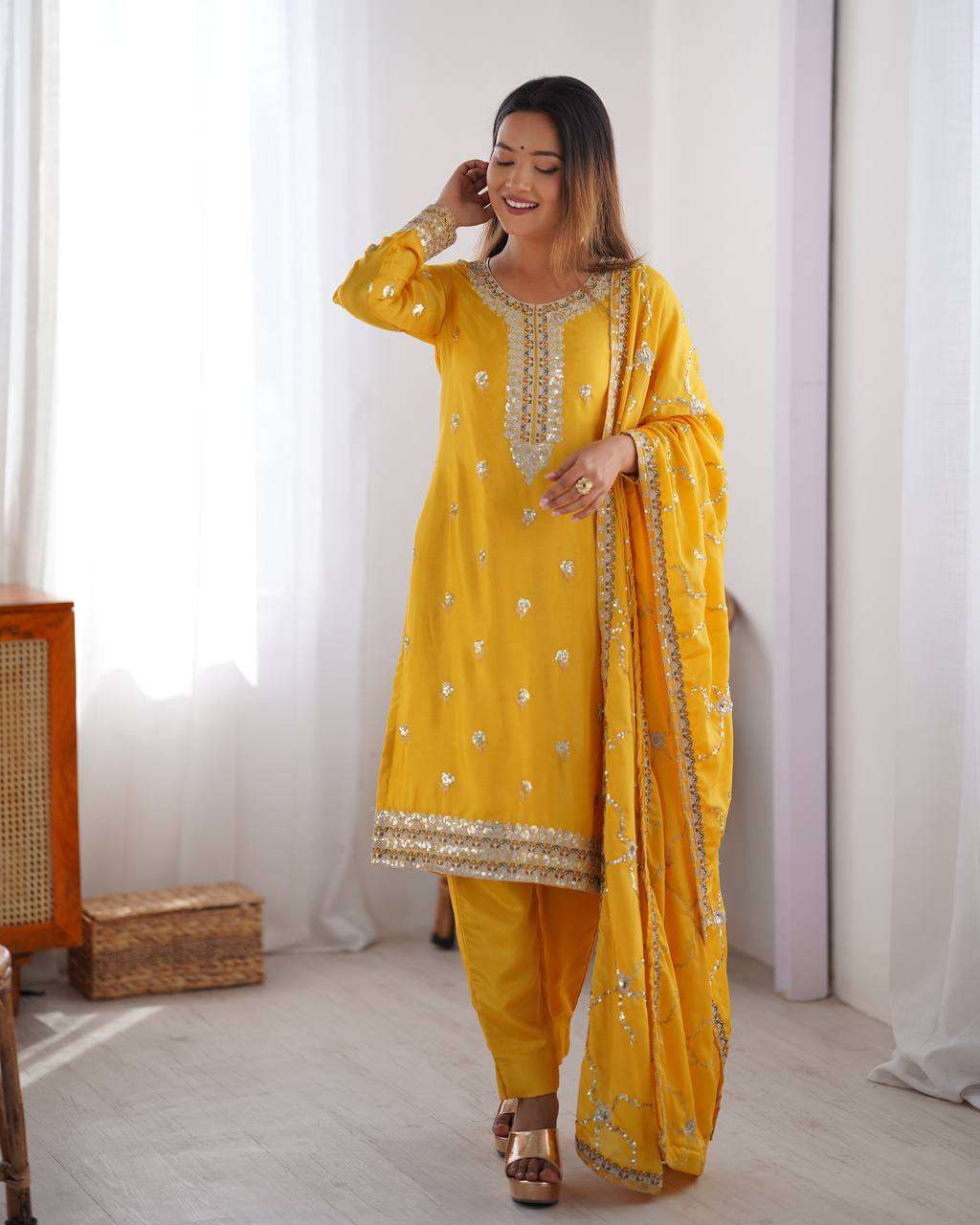 Women's Chinon Silk Embroidered Straight Kurti with Pant And Dupatta Set - Yellow, XXL