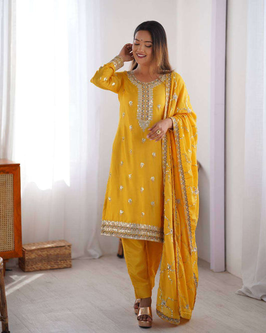 Women's Chinon Silk Embroidered Straight Kurti with Pant And Dupatta Set - Yellow, L