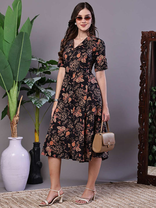 Women's Chic Black & Rust Floral Print Button-Front Midi Dress - XL