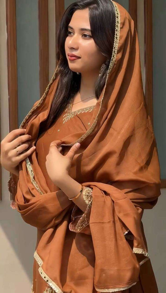 Women's Georgette Sequence Moti Work Straight Kurti With Salwar and Dupatta Set - brown, M