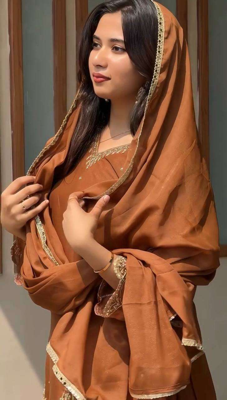 Women's Georgette Sequence Moti Work Straight Kurti With Salwar and Dupatta Set - brown, XL