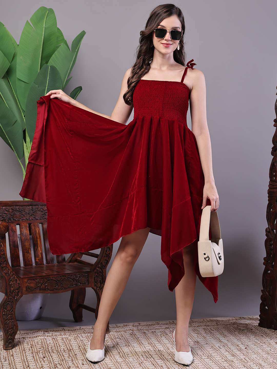 Women's Junglee Velvet Maroon Handkerchief Hem Dress - XXL