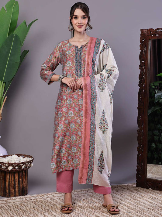 Women's Pink Floral Chanderi Printed Kurta Set with Dupatta Suit Sets - M