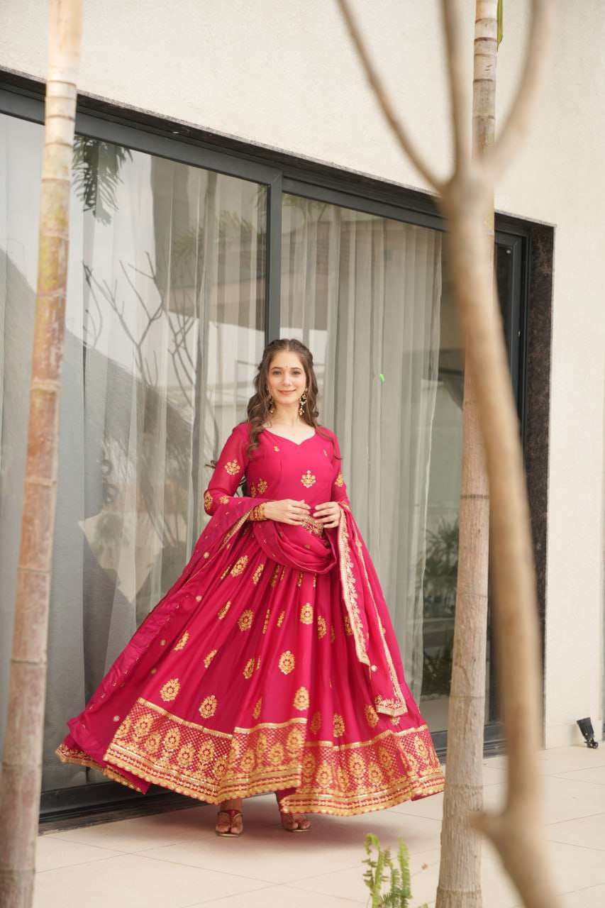 Womenâs Ethnic Anarkali Style Floor-Length Gown in Magenta with Golden Zari Embroidery â Festive & Wedding Wear - Dark Pink, L (40)