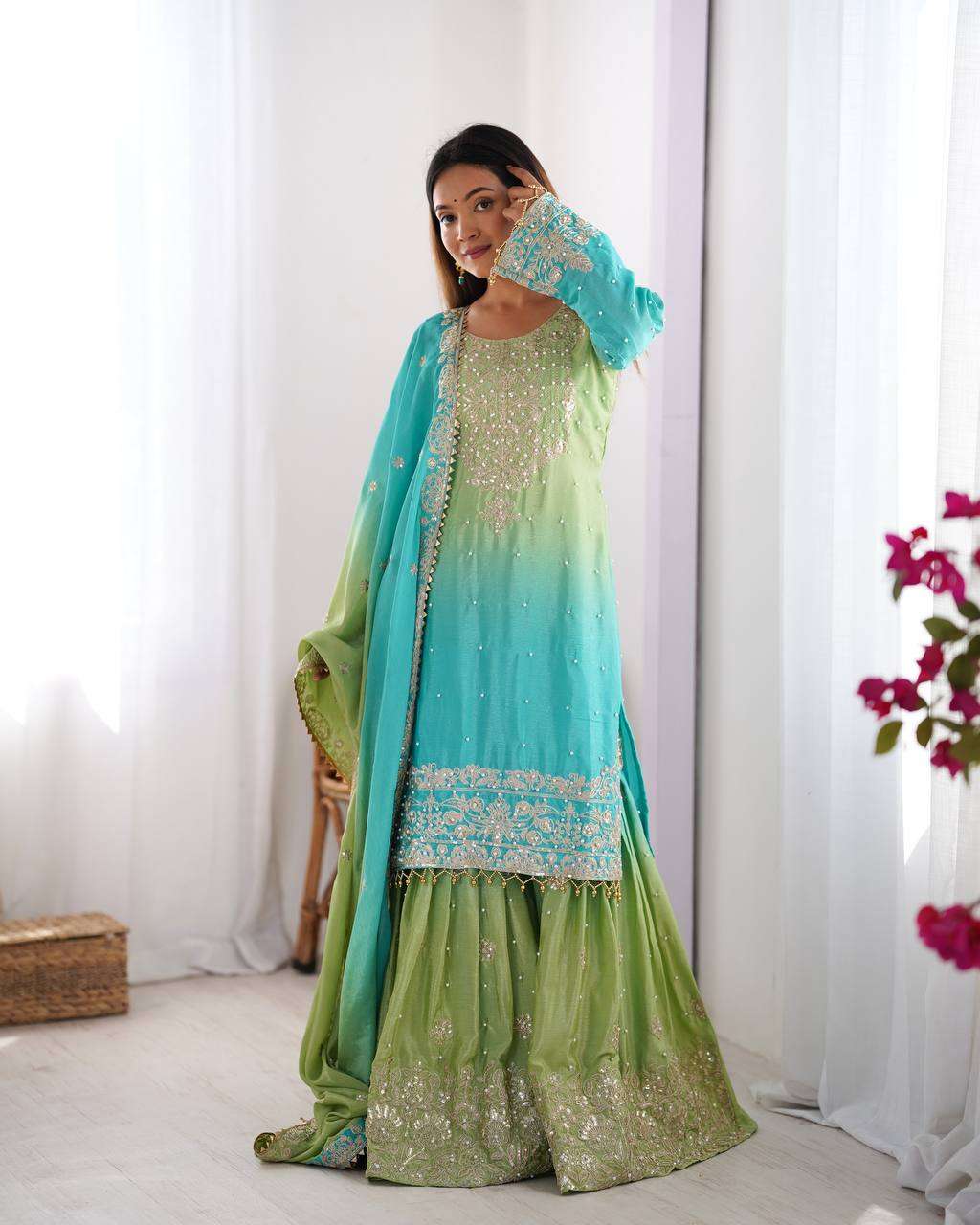 Women's Chinon Silk Sequence With Rivet Moti Work Straight Kurta With Sharara and Dupatta Set - Green, L