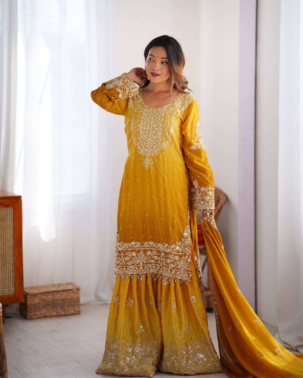 Women's Chinon Silk Sequence With Rivet Moti Work Straight Kurta With Sharara and Dupatta Set - Yellow, XXL