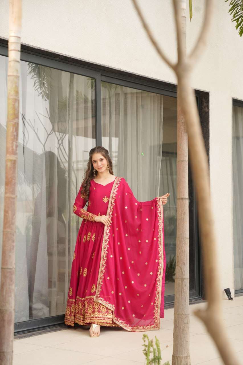 Womenâs Ethnic Anarkali Style Floor-Length Gown in Magenta with Golden Zari Embroidery â Festive & Wedding Wear - Dark Pink, XXL (44)