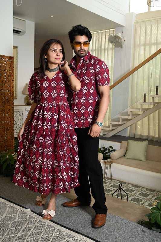 Couple Matching Maroon Cotton Printed Anarkali Midi Dress & Shirt Set ? Casual & Festive Wear