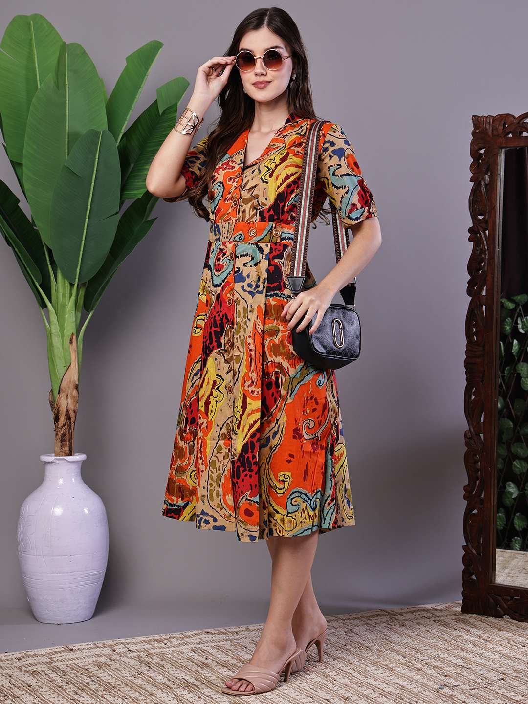 Women's Bohemian Chic Multi-Color Paisley Print Cotton Collared Midi Dress - XXL