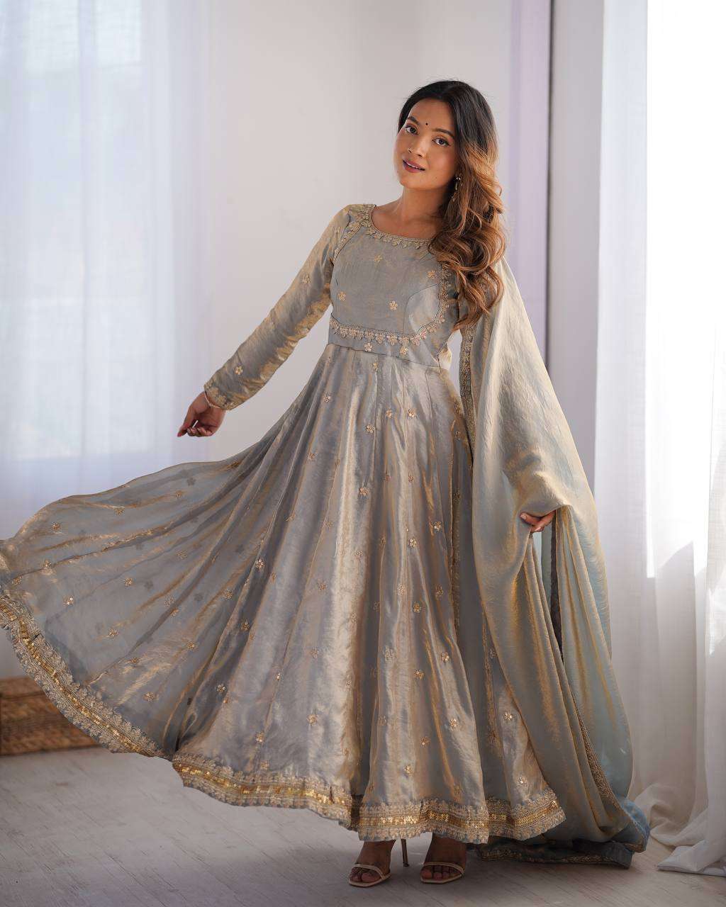 Women's Fandy Silk Coding with Sequnce work Long Anarkali Kurti Gown With Dupatta - Grey, XL