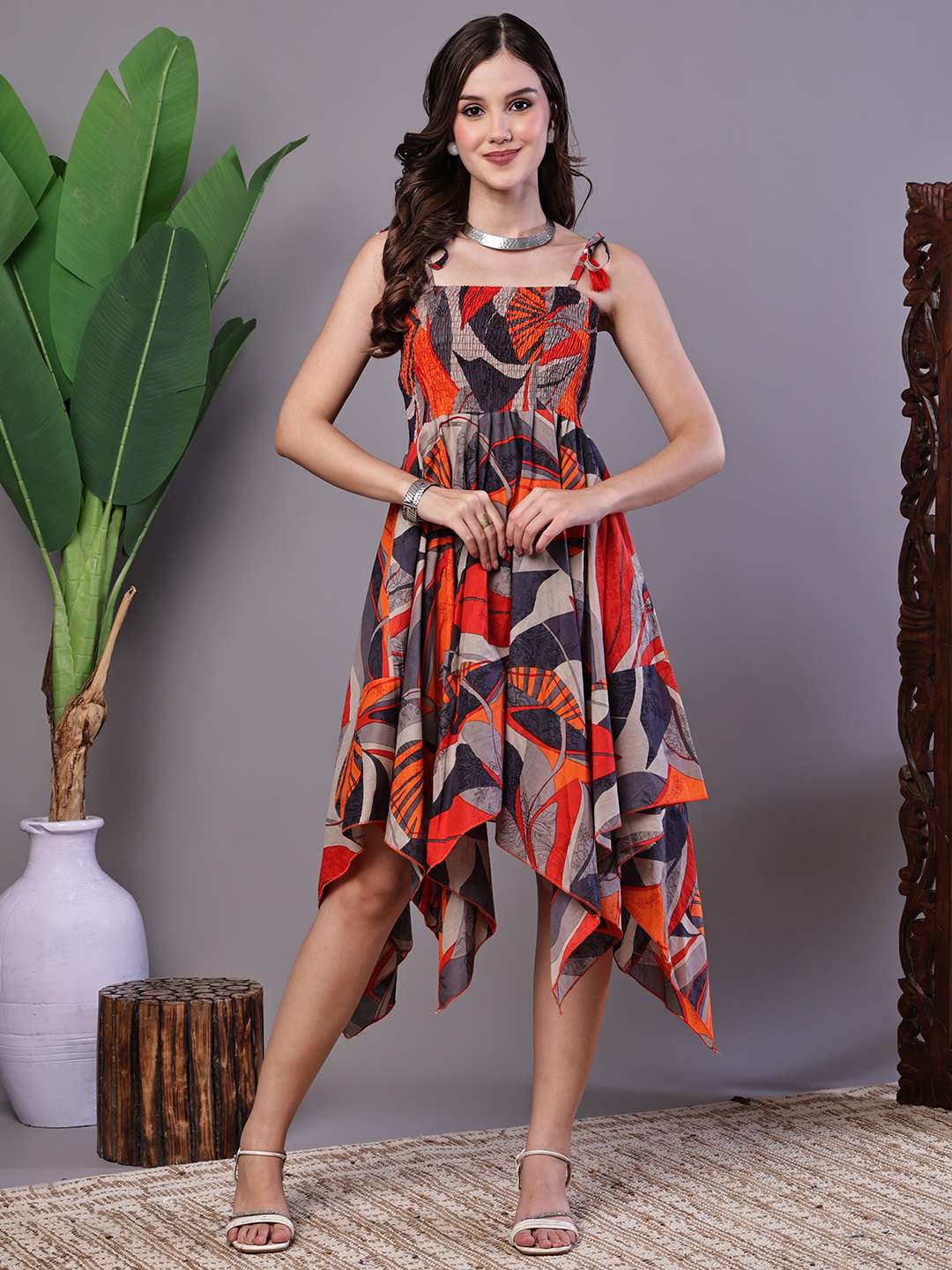 Women's Rust & Grey Abstract Print Cotton Handkerchief Hem Dress Midi Dresses - M