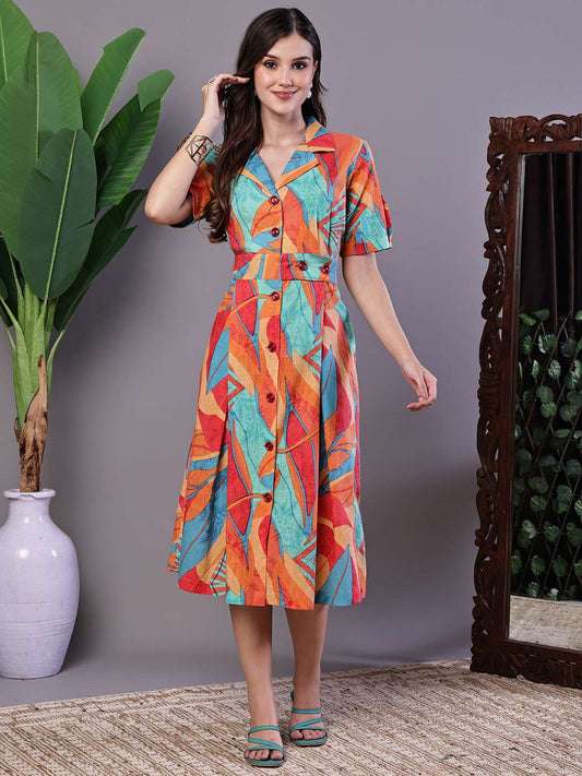 Women's Tropical Print Button-Down Cotton Midi Dress - XXL